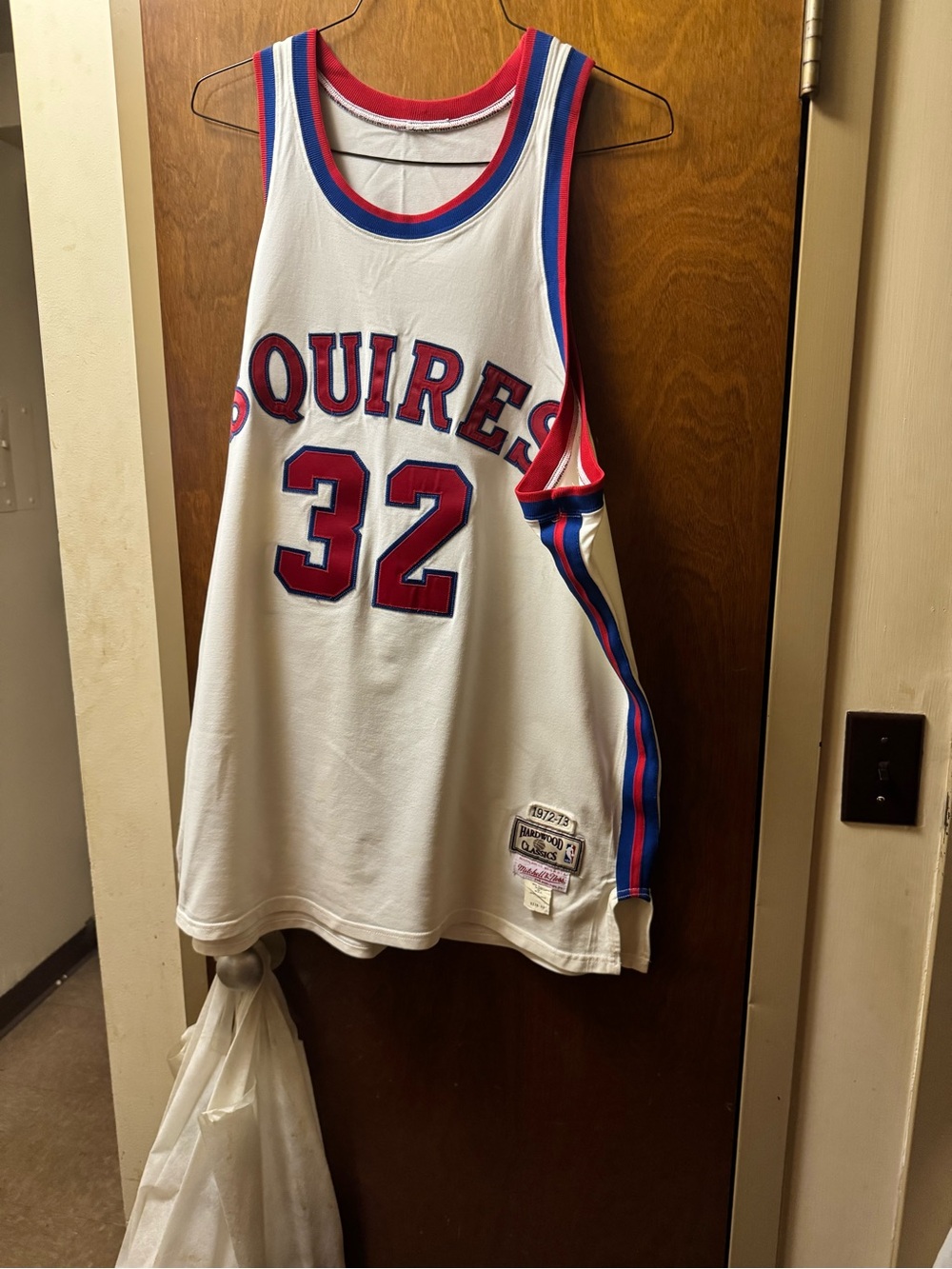 Squires #32 White Basketball Jersey with Red & Blue Trim